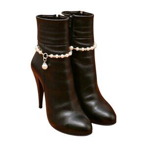 Women Silver Metal Chain Boot Bracelet Shoe SET Cream Imitation Pearl Charm PAIR